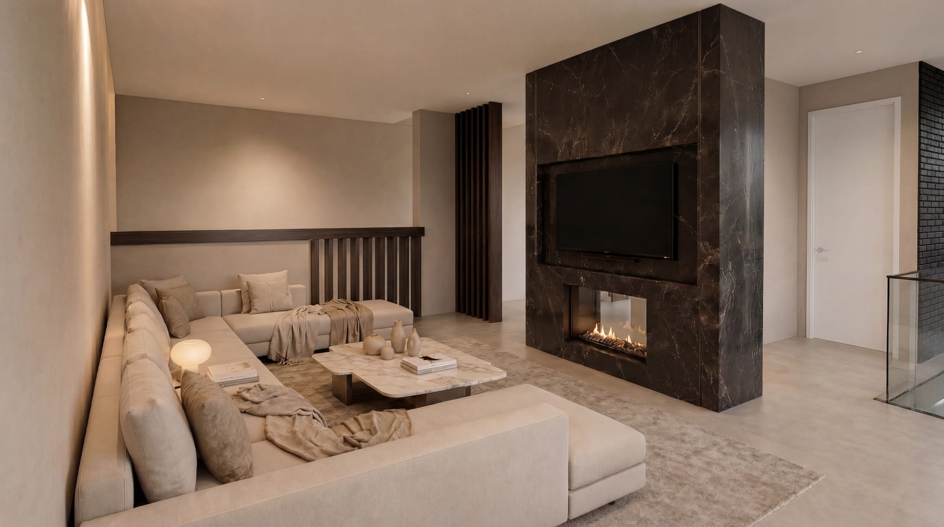 Mount Reserve living area with built-in gas fireplace and double-volume ceiling