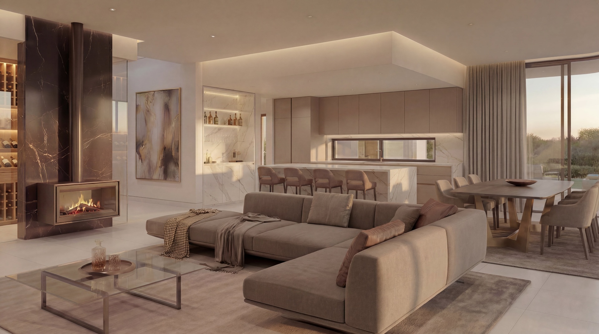 Mount Reserve open-plan kitchen, lounge and dining under double-volume ceilings